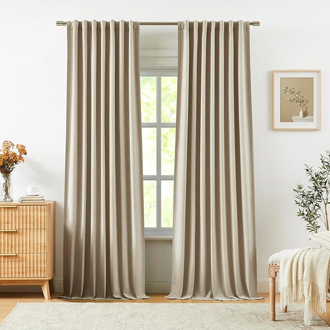 Vision Home Sand Linen Full Blackout Curtains 108 inch for Bedroom Living Room Darkening Soundproof Window Panels 9FT Thermal Insulated Rod Pocket Back Tab Farmhouse Drapes 56" Wx108 Lx2