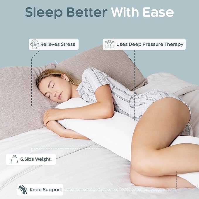 Weighted Body Pillow 6.5lbs - Weighted Pillow for Deeper Sleep (41” x 10”) - Cooling Body Pillows for Adults, Full Body Pillow for Adults, Side Sleeper Body Pillows with Cover (White)