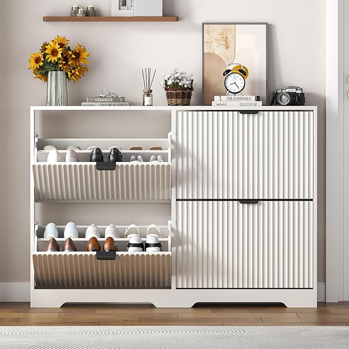 Shoe Cabinet Storage for Entryway with 4 Flip Drawers, White Fluted Shoe Cabinet with Adjustable Shelves, Wooden Hidden Shoes Rack Freestanding Narrow Slim Shoes Storage for Hallway, Entrance