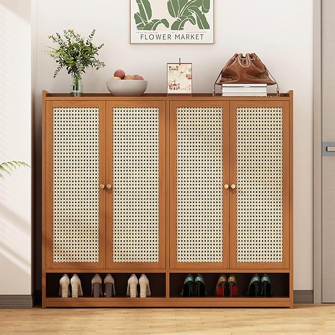 Bamboo Shoe Cabinet, 36-40 Pairs 8 Tier Shoe Rack with Doors, Freestangding Shoe Cabinet Organizer with Shelves, 43" Tall Shoe Rack Organizer for Entryway, Closet, Hallway