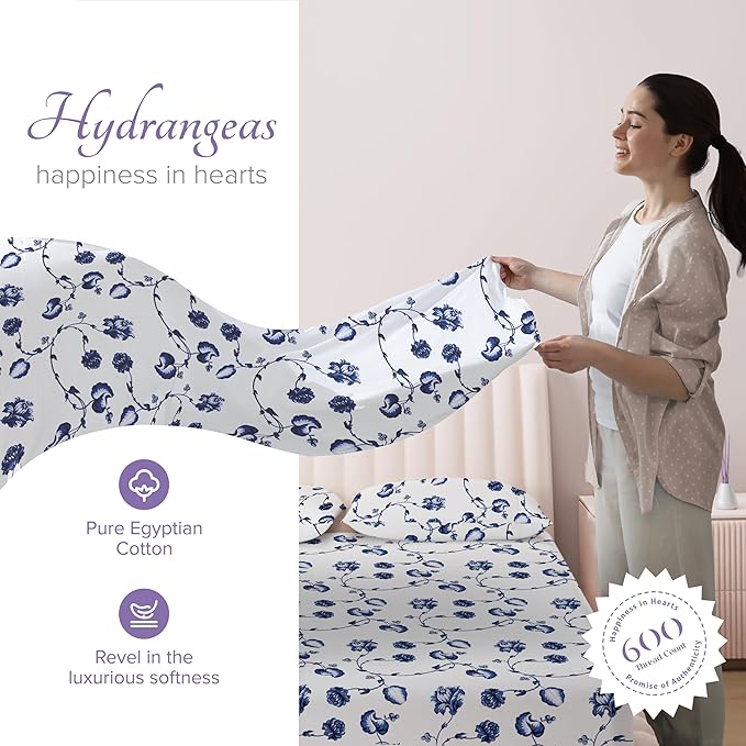 Carressa Linen Luxury Egyptian Cotton Queen Printed Sheet Set - 600 Thread Count Extra Long Staple 4 PC Set, Blossom Azure Queen Printed Sheets, Soft, Cooling Sheets Upto 18 in Deep Pocket