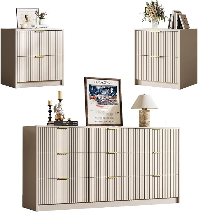 3-Piece Dresser Bedroom Set, 9 Drawer Dresser & 2 Drawer Nightstands with Gold Handles, Fluted Wood Chest of Drawers for Bedroom, Living Room, Entryway, Beige
