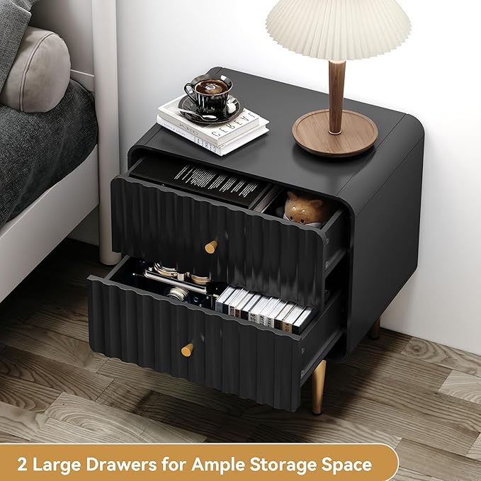 HLR Modern Nightstand, Fluted Bed Side Table with 2 Drawers Storage, Wood End Table with Gold Metal Handle, Black Night Stands for Bedroom