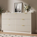 Beige 7 Drawer Dresser for Bedroom, 55.9" Wide Modern Fluted Dresser with Gold Metal Handles, Wide Chest of Drawers for Bedroom, Living Room, Entryway, Hallway