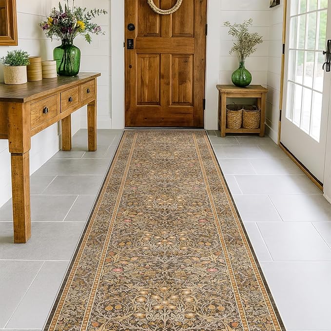 Brown 2'6" x 10' Hallway Runner Rug Non Slip - Stain Resistant Washable Kitcehn Rug, 10ft Extra Long Entryway Indoor Mats, Soft Boho Vintage Gold Brown Floral Indoor Décor