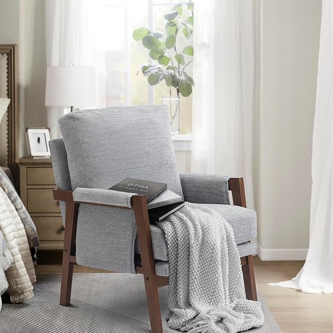 Accent Chairs for Living Room Set of 2, Modern Arm Chairs for Bedroom, Wooden Upholstered Mid Century Accent Chairs, Grey