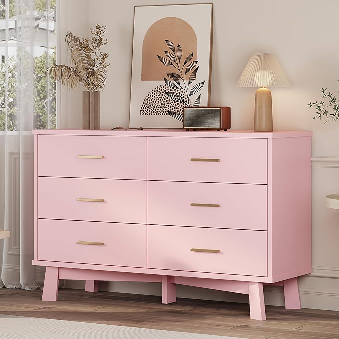 Dresser for Bedroom, 6 Drawer Wide Modern Chest of Drawers with X-Shaped Sturdy Base, Wood Double Dresser Closet Clothes Storage Organizer, Wooden TV Stand for Living Room, Hallway, Pink