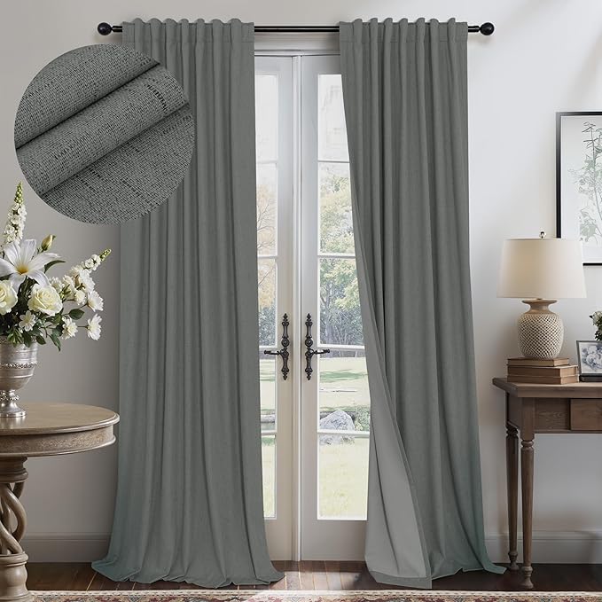 Office Curtains for Windows 102 Inches Long 2 Panel Set Blackout Back Tab Pleated Linen Textured Room Darkening Black Out Masculine Curtains for Boys Bedroom Man Cave 102 Length Slate Grey Dark Gray