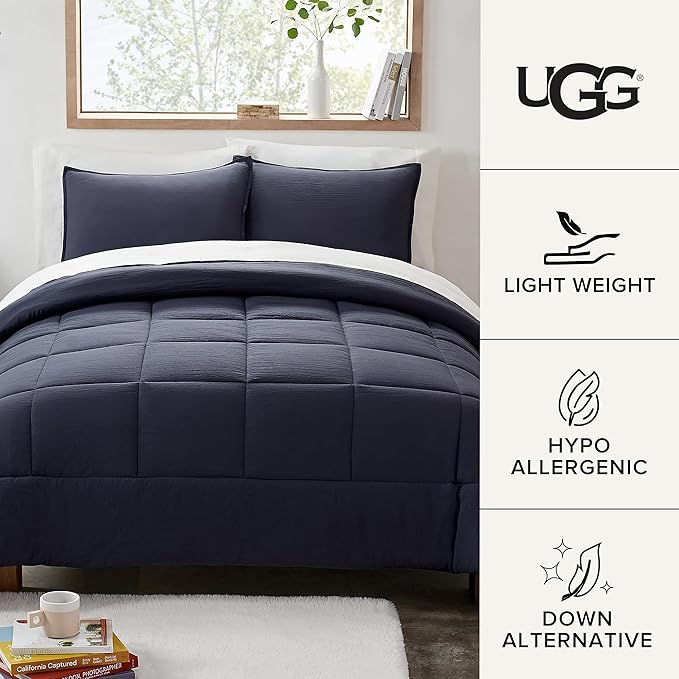 UGG King Size Comforter Set with 2 Pillow Shams Lightweight Down Alternative Comforter King Size Blanket Reversible Cozy Warm All Season Washable Hypoallergenic Bedding Set, Navy Blue (Leonora)