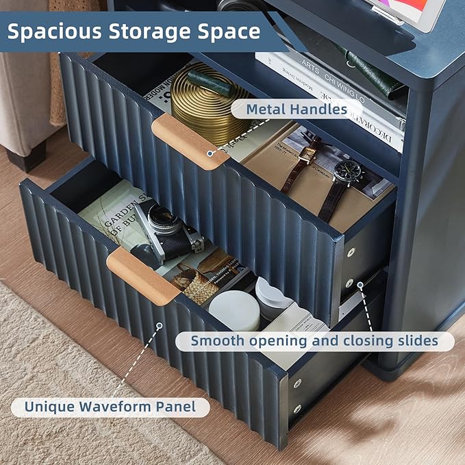 LEYAOYAO Fluted Farmhouse Nightstand Set of 2 with Charging Station, 23" Wide 2 & 3 Drawers Large End Table with Metal Handle, Navy Blue Night Stand Bedside Table, Wood Dresser for Bedroom,Closet