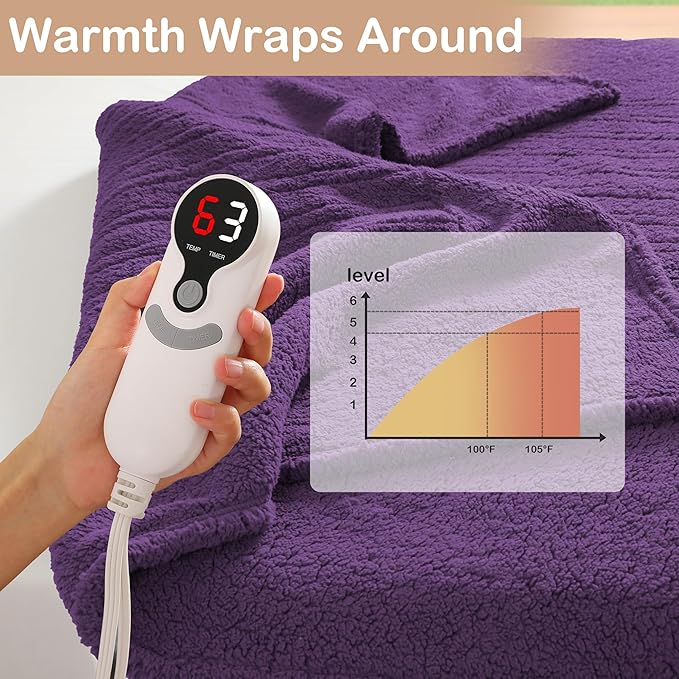 Electric Heated Blanket 6 Heating Settings & 1-10H Auto Off Twin 62×84 Double Sided Plush Sherpa Ultra-Cozy Soft Warm Thick, Machine Washable, Fast Heating, Home Office Dark Purple