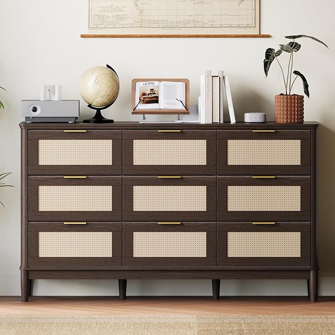 LINSY HOME Rattan Dresser for Bedroom with 9 Drawers, 58" Wide Chest of Drawers, Mid Century Modern Dresser TV Stand with Metal Handle, Wood Closet Storage Cabinet for Living Room, Hallway, Walnut