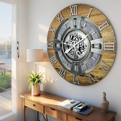 The Gears Clock Real Moving Gear Wall Clock England Line (Wood & Stone, 24 inches (60 cm))