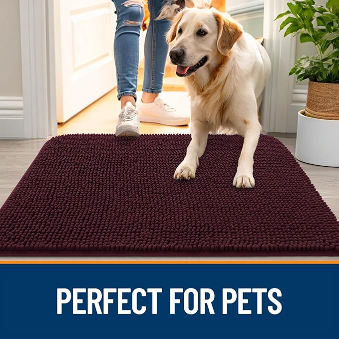 OLANLY Dog Door Mat for Muddy Paws 30x20, Absorbs Moisture and Dirt, Absorbent Non-Slip Washable Doormat, Quick Dry Chenille Mud Mat for Dogs, Entry Indoor Entryway Carpet for Inside Floor, Russet