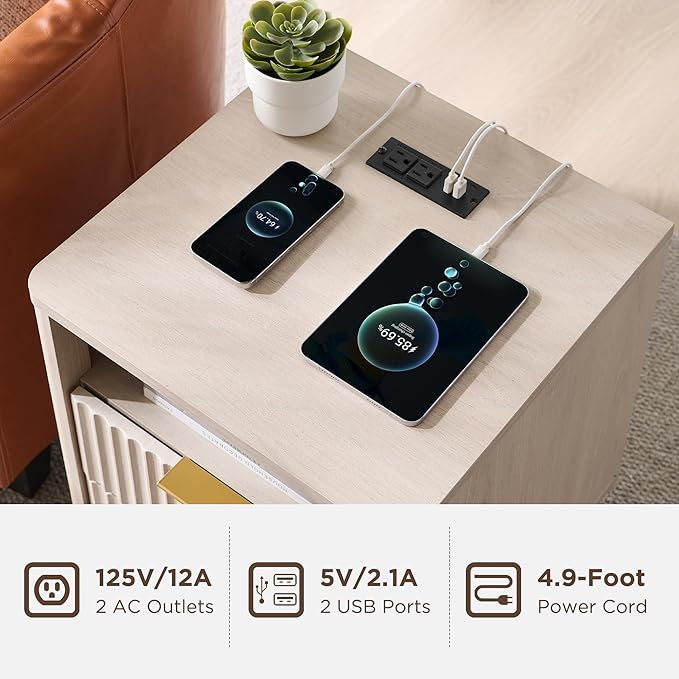 T4TREAM Fluted Nightstand Set of 2 with Charging Station, 18" Modern Side Table with 2 Drawer, End Table w/Storage, Bedside for Bedroom, Living Room, Curved Profile Design, White Alder