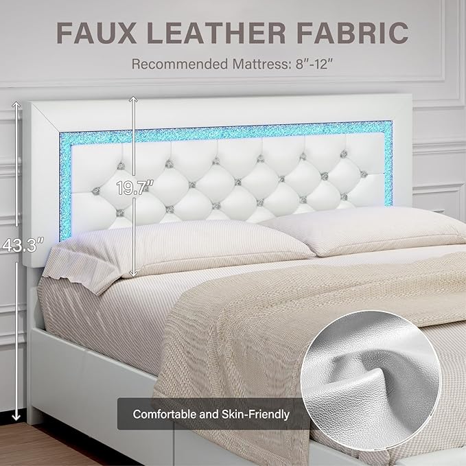 BarnFurin Queen Bed Frame with LED Lights, Upholstered Bed Frame with Storage Drawers, Princess Platform Bed with Diamond Headboard and Footboard, No Box Spring Needed, White