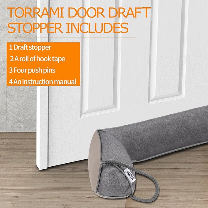 TORRAMI 36" Door Draft Stopper for Bottom of Doors, Seal Blocks Hot Air, Noise, Bugs, Keeps Cold AC in, Easy Install Gap Filler Draft Stoppers,Gray