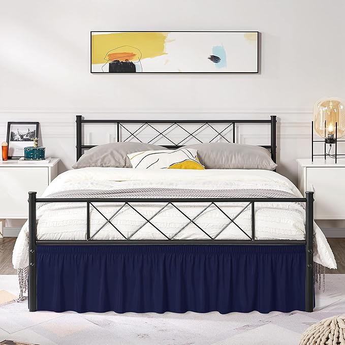 Biscaynebay Wrap Around Bed Skirts with Split Corners for King Beds 17" Drop, Navy Elastic Dust Ruffles Easy Fit Wrinkle & Fade Resistant Silky Luxurious Fabric Solid Machine Washable