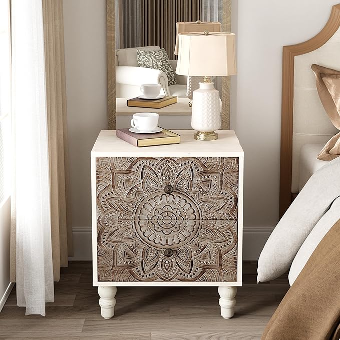 COSIEST Vintage Nightstand, 18" Wide Wood Small Bed Side Table with 2 Drawers, Accent Bedside Table, Bedroom Furniture for Home, Office (Lotus Pattern)