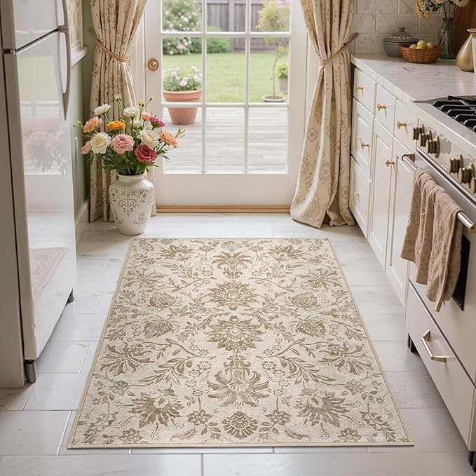 jinchan Torino 3x5 Area Rugs for Entryway, Vintage-Inspired Floral Neutral Design Washable Non-Slip Low-Pile Rug, Ultra-Thin Indoor Traditional Accent Carpet for Entrance Bedroom Hallway, Taupe