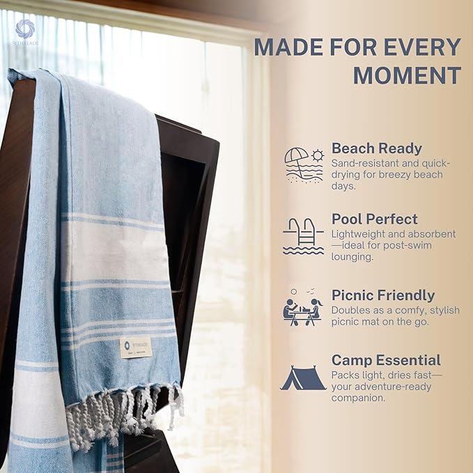 Cotton Turkish Beach Towel Towels Oversized 36"x72" Pool Absorbent Extra Large Quick Dry Sand Travel Towel (Sky Blue, 2 Pack)