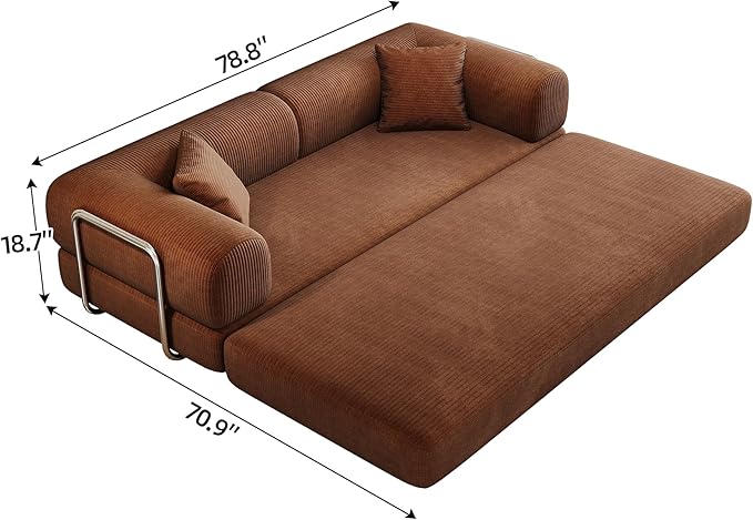 79" Convertible Sofa Bed with Fixed-Shape Frame, Corduroy Folding Pull Out Couch, No Assembly Modern Boneless Couch Compression Sofa in Box, Floor Sofa for Living Room,Brown