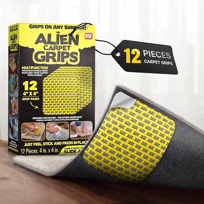 Alien Grip Rug Gripper Carpet Tape - 12pcs, 4x4 in. Anti-Slip Hardwood, Tile Floor, No Damage - Double Sided Reusable, Non Slip Corner Rug Pads - As Seen on TV