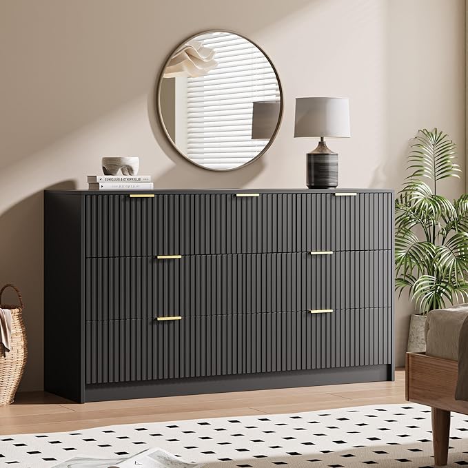 Black 7 Drawer Dresser for Bedroom, 55.9" Wide Modern Fluted Dresser with Gold Metal Handles, Wide Chest of Drawers for Bedroom, Living Room, Entryway, Hallway