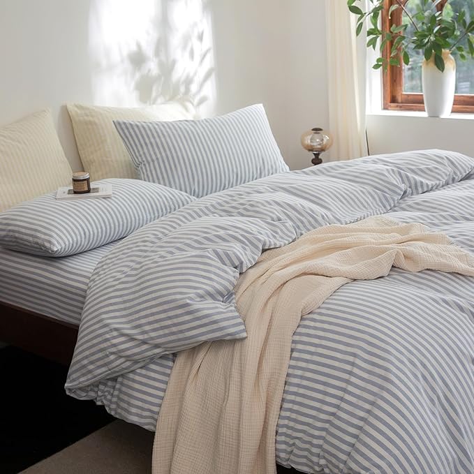 FOSSA Striped Duvet Cover Set 100% Washed Cotton Linen Feel Super Soft Breathable Cozy 3 Pieces Bedding Sets Cornflower Blue White Classic Stripes Queen