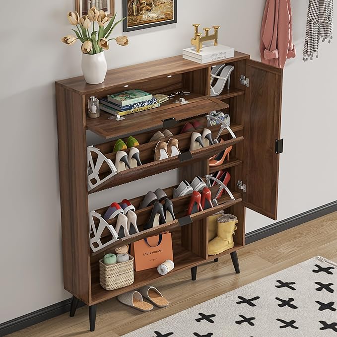 Shoe Storage Cabinet with 2 Flip Drawers, Narrow Shoe Cabinet for Entryway, Freestanding Slim Hidden Shoe Organizer Cabinet with Doors, Adjustable Shelf, Open Storage Space (Walnut)