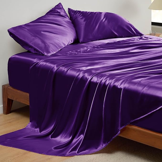 Bedsure Satin Sheets Queen Size - 4 Piece Silky Bedsheets with 15 Inches Deep Pocket Fitted Bedsheet,1 Flat Sheet, 2 Satin Pillowcases, Good for Hair & Skin (Queen, Purple)