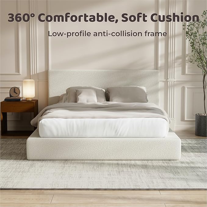 RECCI Cloud Boucle Upholstered Queen Bed Frame with Headboard, 5 Inch Foam Padded Platform, No Box Spring, Easy Assembly(Beige)