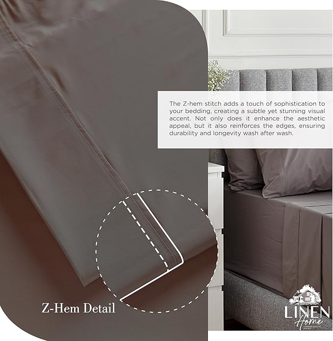 Linen Home 100% Cotton Percale Sheets King Size, Charcoal, Deep Pocket, 4 Pieces Set - 1 Flat, 1 Deep Pocket Fitted Sheet and 2 Pillowcases, Crisp Cool and Strong Bed Linen