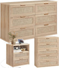 LEYAOYAO Rattan Dresser and Nightstand Set of 3, Boho Wood Dresser for Bedroom with 6 Drawers and Night Stand with Charging Station, Bedroom Furniture, Dressers & Chests of Drawers,Hallway,Living Room