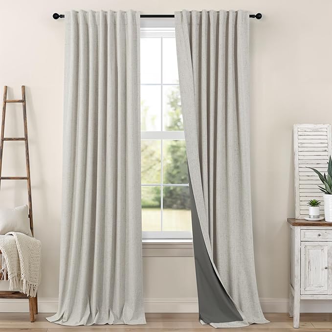 Black Out Linen Curtains 108 Inches Long for Living Room 2 Panels Set Total Blackout Flax Pleated Drapes Back Tab Neutral Boho Ceiling Floor 108 Inch Window Curtains Bedroom Cottage Core Stone Taupe