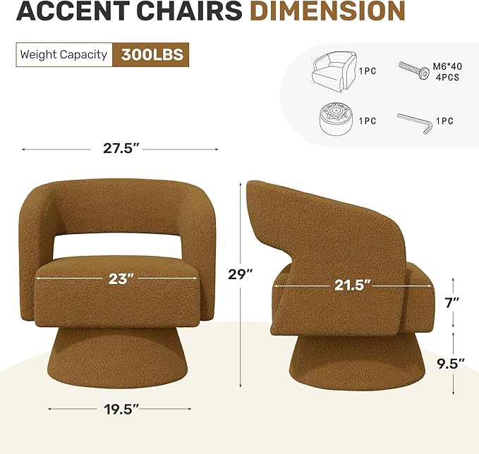 Swivel Accent Chair Set of 4, Modern Comfy Teddy Barrel Chairs, Oversized Upholstered Round Arm Chair for Living Room, Bedroom, Reading Room, Brown