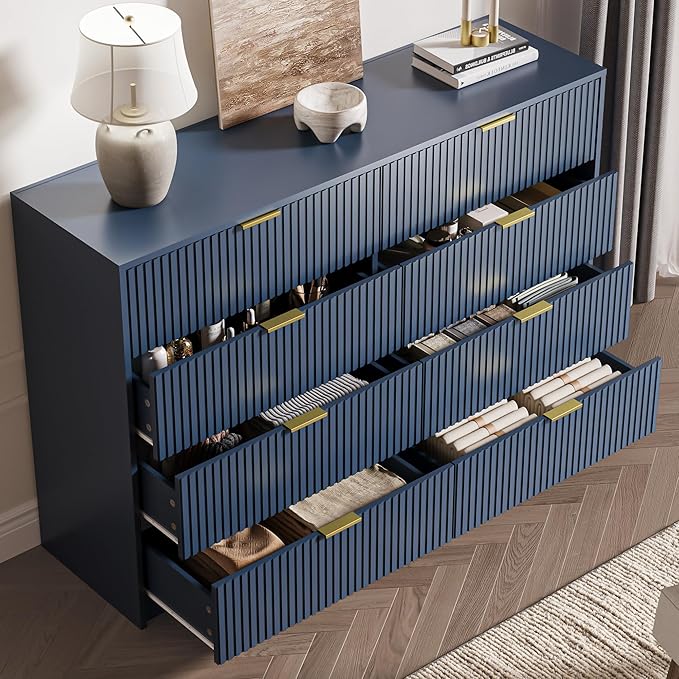 Navy Dresser for Bedroom, 8 Drawer Double Dresser, Modern Chest of Drawers for Bedroom, Living Room, Entryway and Closet, 55" L x 15.7" D x 37.4" H