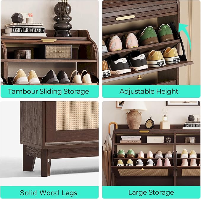 LINSY Shoe Storage Cabinet, Rattan Shoe Cabinet Flip Drawer Shoes Rack Cabinet with Sliding Tambour Door, Large Shoe Cabinets Mid Century Modern Hidden Shoe Storage Organizer for Entryway, Walnut