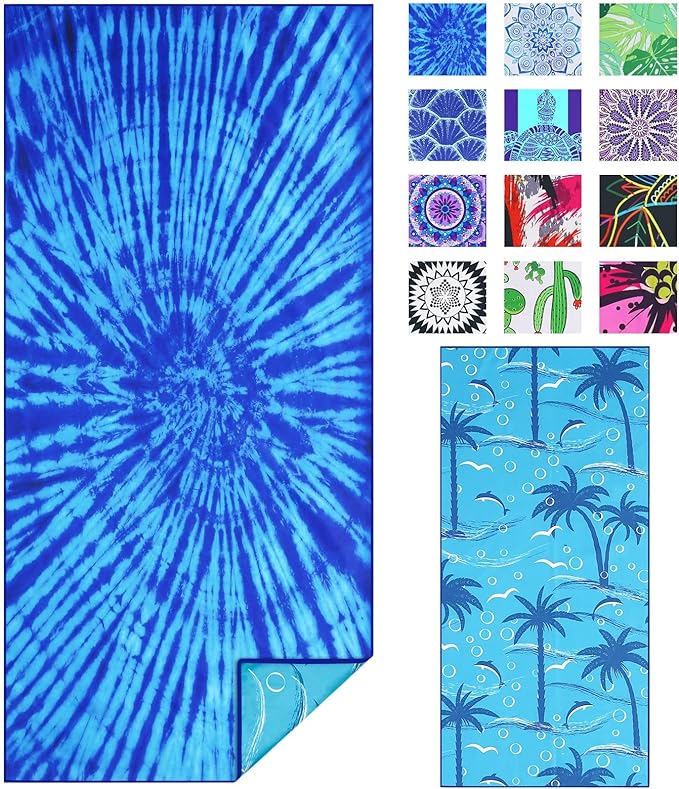 Microfiber Thin Beach Towel Lightweight Oversized 71x32 Extra Large Sand Free Towels Quick Dry for Travel Pool Camping Sports Beach Accessories Vacation Essential Gift Blue Tie Dye