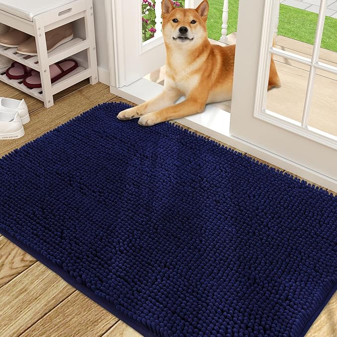 OLANLY Dog Door Mat for Muddy Paws 48x30, Absorbs Moisture and Dirt, Absorbent Non-Slip Washable Doormat, Quick Dry Chenille Mud Mat for Dogs, Entry Indoor Entryway Carpet for Inside Floor, Navy Blue