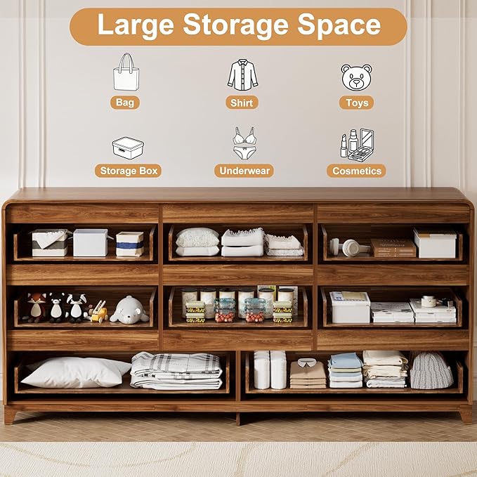 3 Pcs Bedroom Furniture Set, 8 Drawer Fluted Dresser and Nightstand Set of 2 with Charging Station, Modern Bed Side Table Chest of Drawers Storage Cabinet Set for Bedroom, Living Room, Walnut