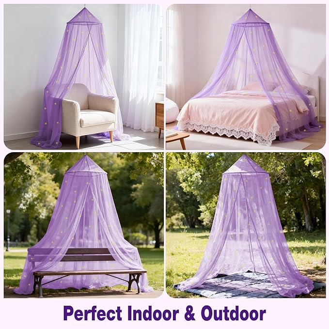Purple Princess Bed Canopy for Girls with Glowing Stars, Canopy Bed Curtains for Twin, Full, and Queen Sizes; Ceiling Tent for Reading Nooks, Mosquito Net for Indoor Room Decor and Outdoor Use