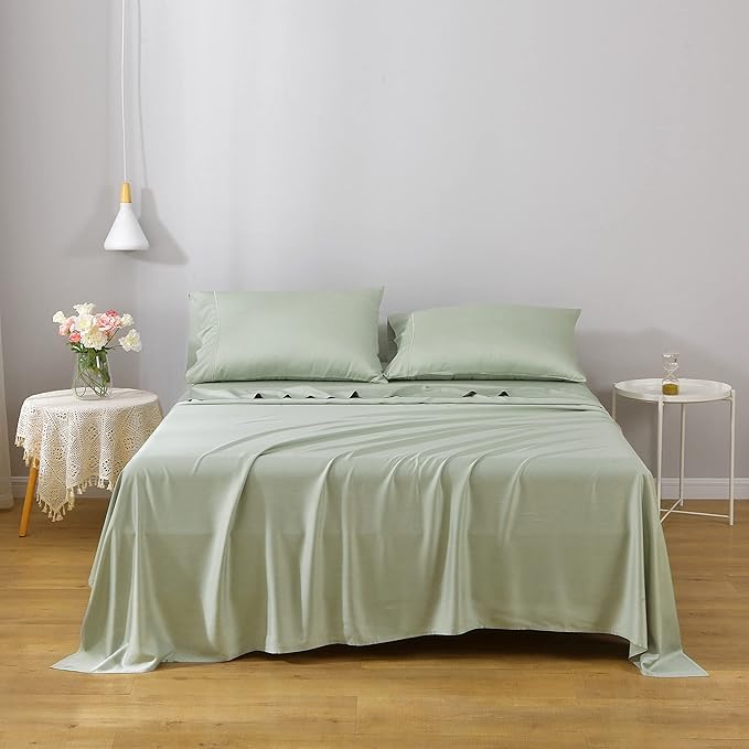 Linen World Cooling Bed Sheets Set Full Size,100% Organically Grown Viscose Sheets,Deep Pocket Up to 16",4 Pieces Silky Soft,Breathable Bedding Sheets & Pillowcases(Sage Green,Full)