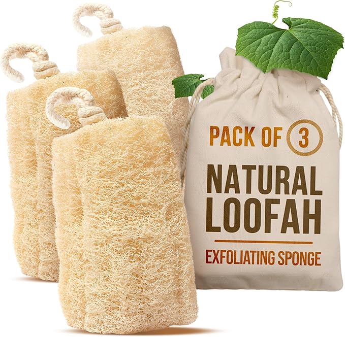 CraftsOfEgypt Natural Loofah Sponge – Egyptian Luffa Body Scrubber Pack of 3 for Men & Women, Natural Bath & Shower Loofah Exfoliator, All Natural Loofah Sponges for Face Back & Body, 6" x 6"