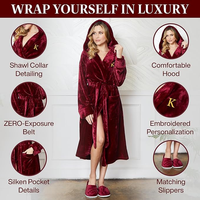 Lotus Linen Plush Robes for Women - Soft Bathrobe, Custom Monogram, Warm Fleece Robe with Pockets