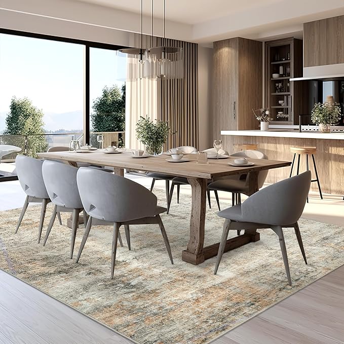 6x9 Abstract Area Rugs for Living Room 6 x 9 Washable Non Slip Low Pile Rugs for Bedroom Dining Room Foldable Thin Brown Grey