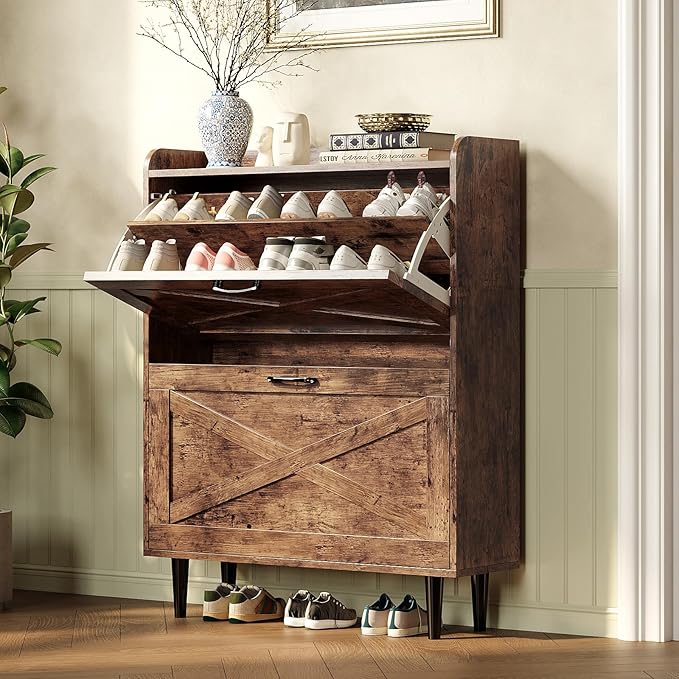 VINGLI Shoe Storage Cabinet for Entryway with 2 Flip Drawers, Ultra Slim Freestanding Entryway Shoe Organizer with Wood Tapered Legs,Hidden Closed Shoe Rack,31.6" W * 9.4" D * 39.4" H, Rustic Brown