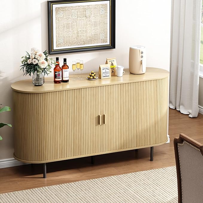 Buffet Cabinet with Storage, Fluted Sideboard Buffet with Sliding Door, Coffee Bar Cabinet with Adjustable Shelf, Console Table, Accent Table for Entryway, Kitchen (Oak, 55 Inch)