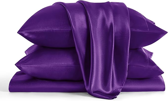 Bedsure Satin Sheets Queen Size - 4 Piece Silky Bedsheets with 15 Inches Deep Pocket Fitted Bedsheet,1 Flat Sheet, 2 Satin Pillowcases, Good for Hair & Skin (Queen, Purple)