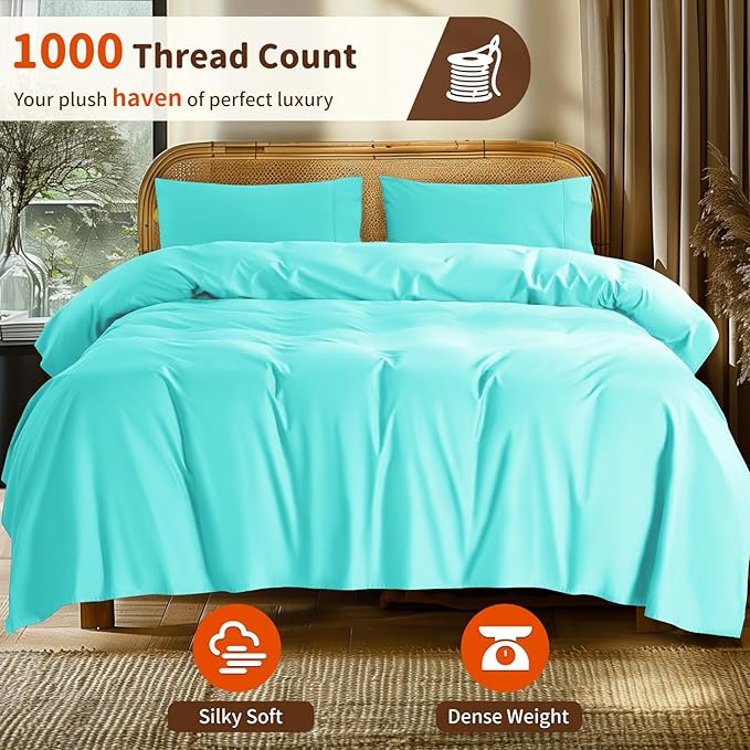 LBRO2M 1000 Thread Count 100% Egyptian Cotton Sheets Set Twin, 3 Piece Sets Bed Sheet Deep Pocket Sheet Set 16" Soft Comfortable All Season (Twin, Lake Green)